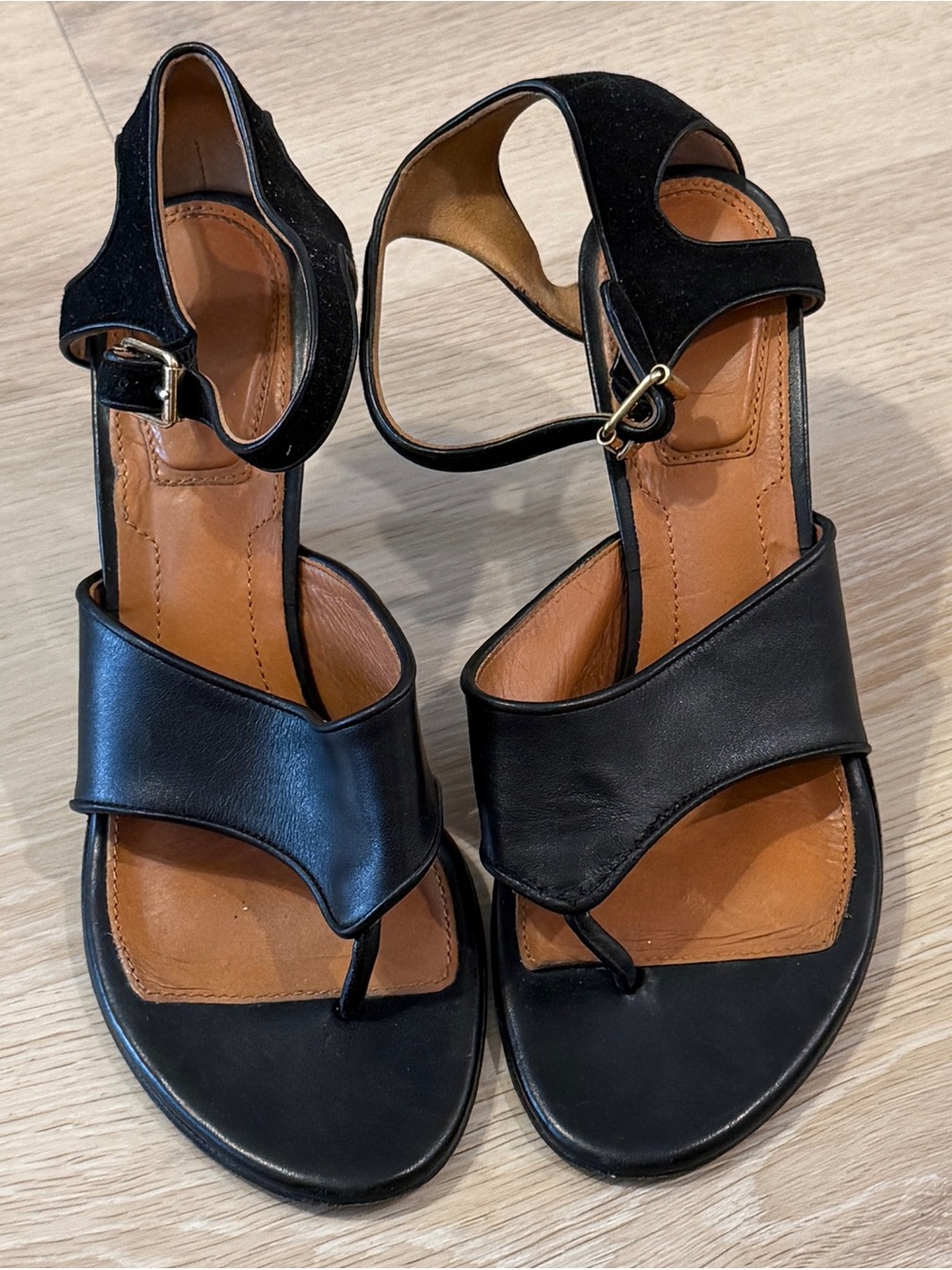 Givenchy Black Leather Ankle-Strap Toe-Loop Sandals with Tan Insole